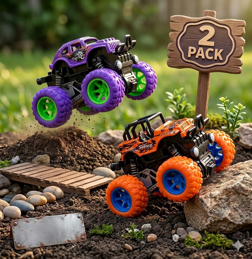 Monster Truck Friction Powered Cars – 360° Stunt 4WD Toy Cars - Pack of 2